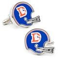 A pair of vintage-style Denver Broncos football helmet cufflinks in blue, orange, and white enamel with a metal backing.