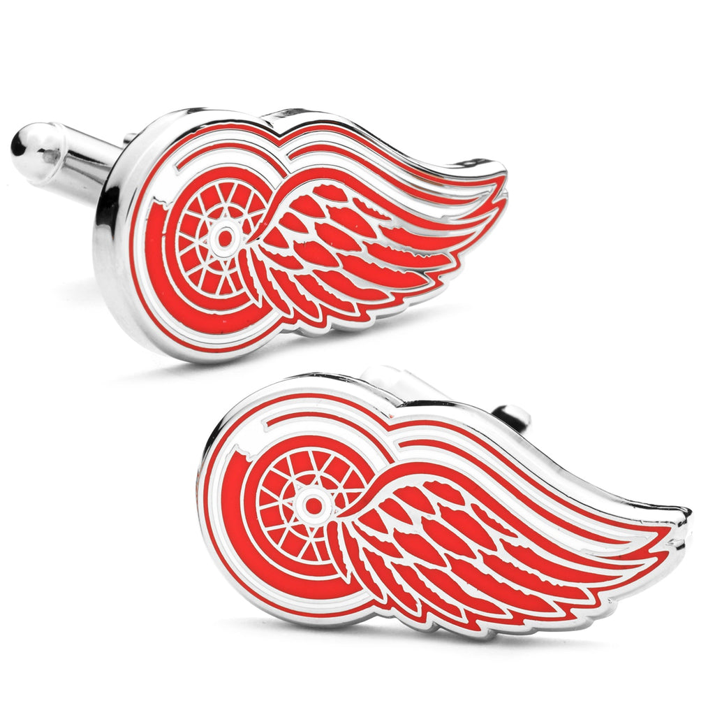 Detroit Red Wings winged wheel logo cufflinks in silver tone with red enamel finish