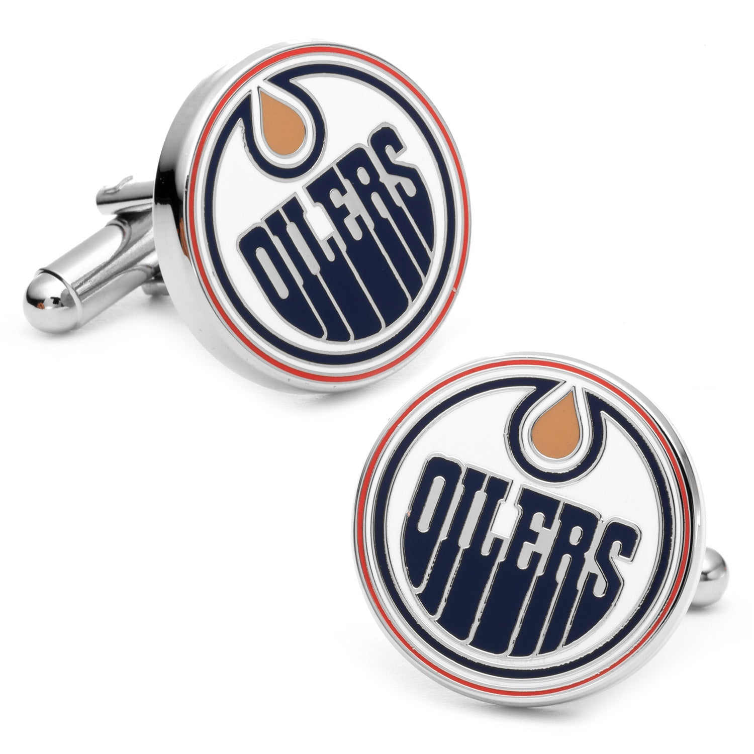 A pair of round silver tone cufflinks featuring the Edmonton Oilers hockey team logo in blue, orange, and white enamel.