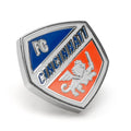 Official FC Cincinnati MLS soccer team logo lapel pin in silver plated metal with blue and orange enamel details pinned to a grey suit lapel.