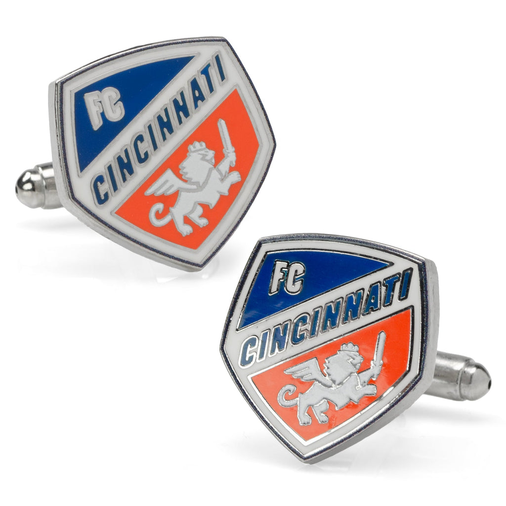 FC Cincinnati MLS shield logo cufflinks in silver plated metal with orange, blue, and white enamel