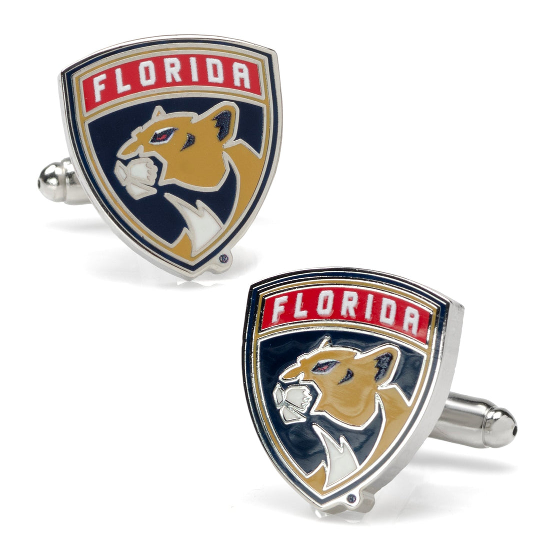A pair of Florida Panthers NHL shield cufflinks in silver tone metal with colorful team enamel details.