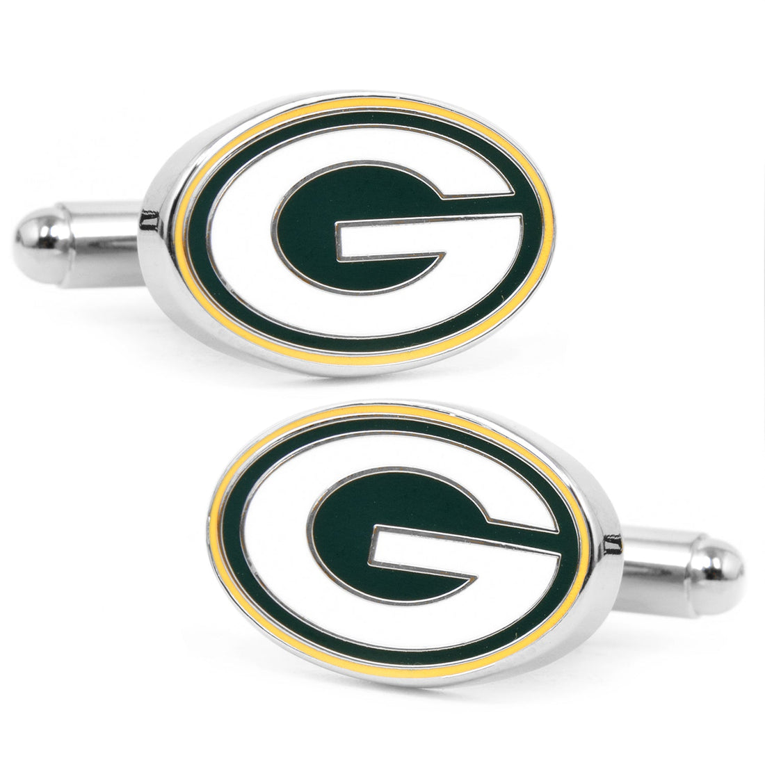 A pair of oval shaped Green Bay Packers NFL logo cufflinks in silver tone metal with enamel details.