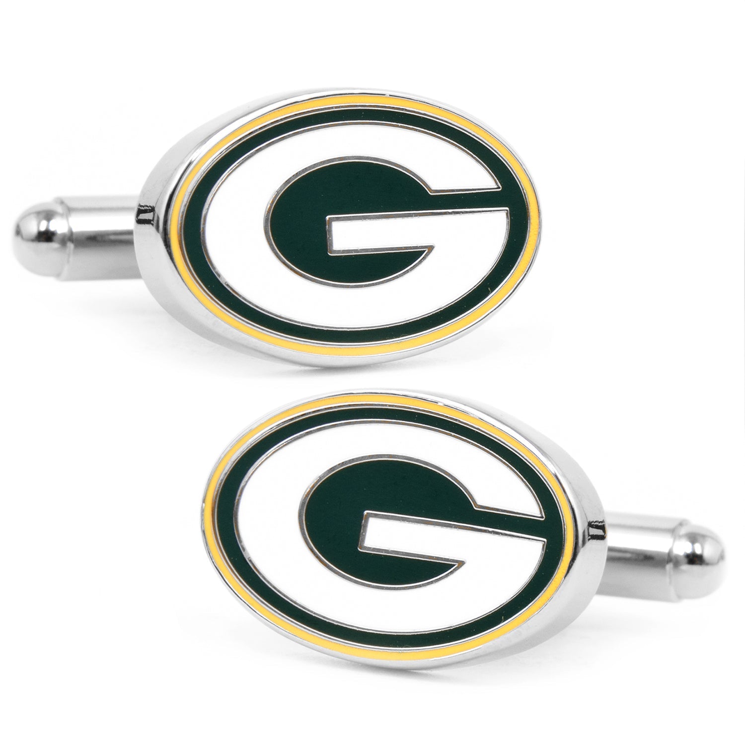 A pair of oval shaped Green Bay Packers NFL logo cufflinks in silver tone metal with enamel details.