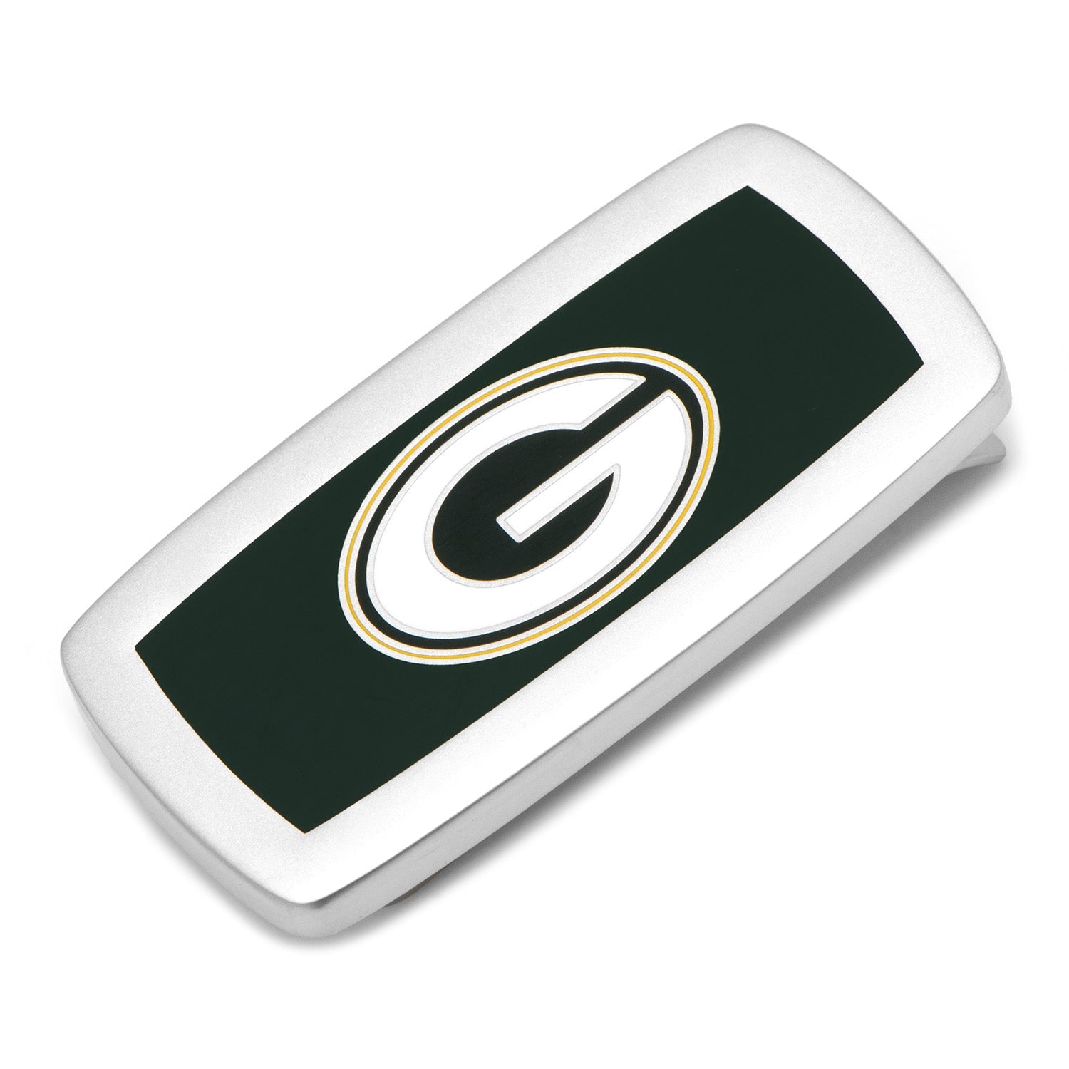 Green Bay Packers money clip with team logo on a silver tone satin finish