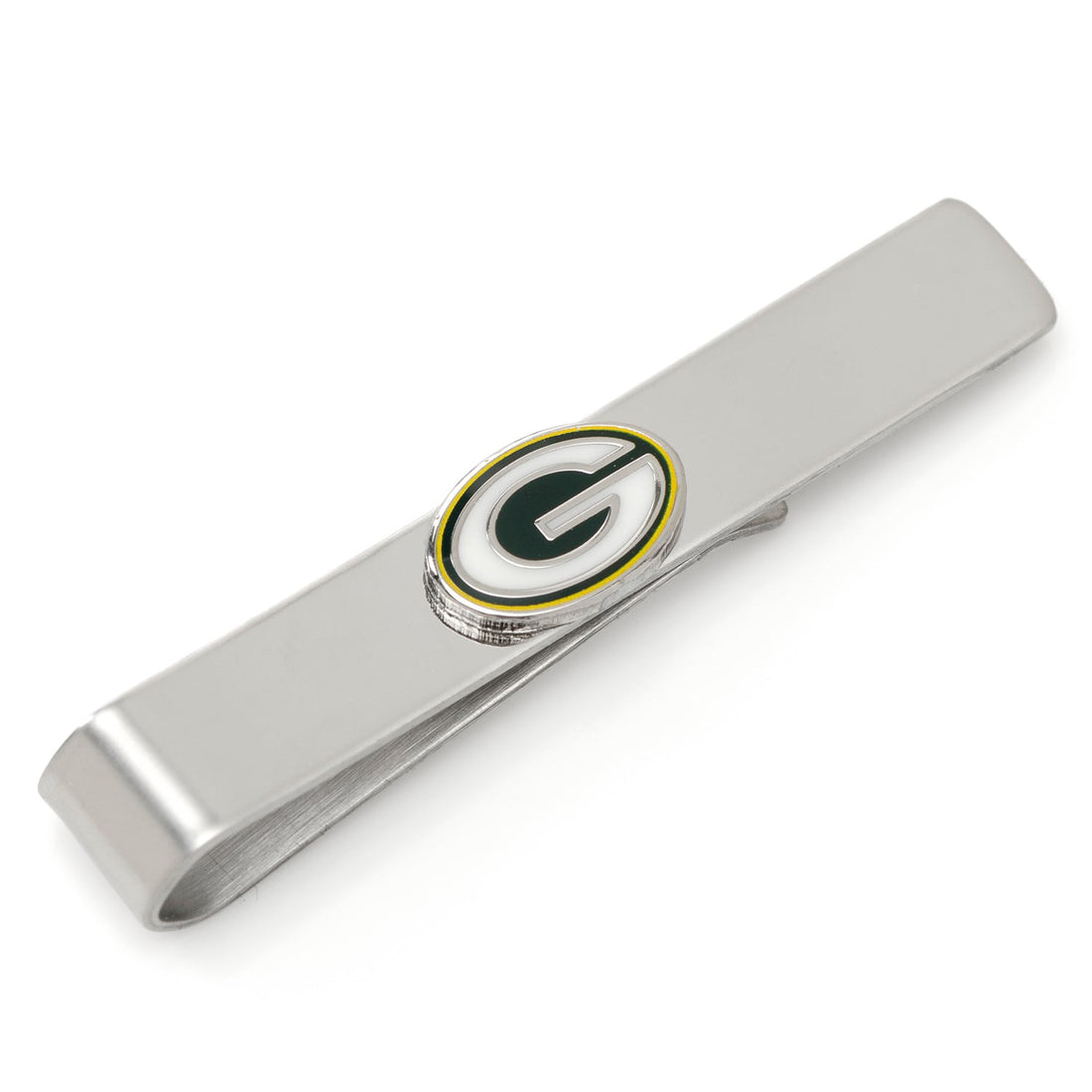 Silver plated Green Bay Packers logo tie bar on white background