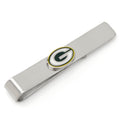 Silver plated Green Bay Packers logo tie bar on white background