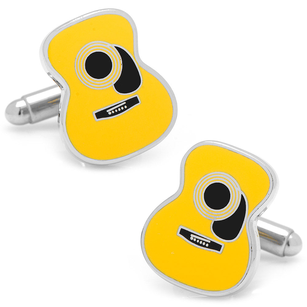 A pair of yellow acoustic guitar shaped cufflinks with silver plated backing