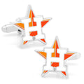 A pair of silver tone Houston Astros logo cufflinks with orange and white enamel star details on a white background.
