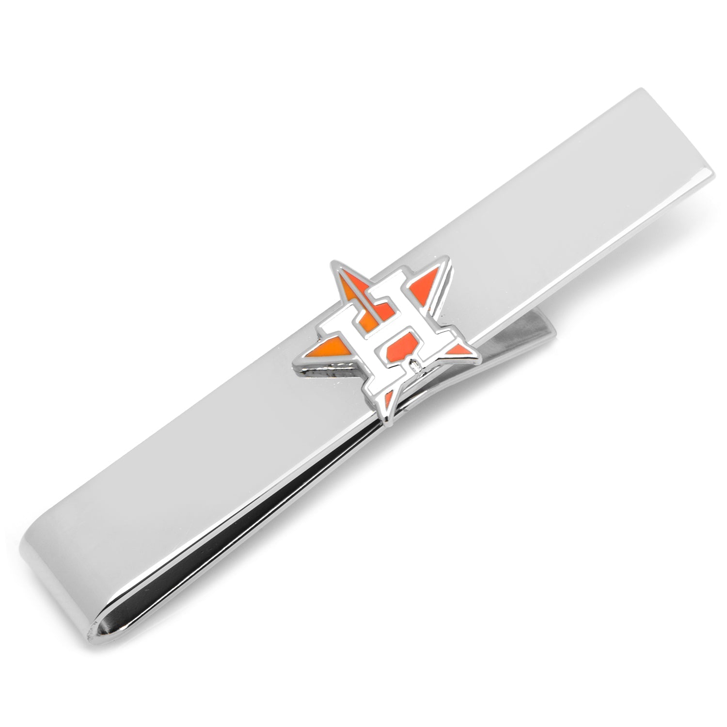 Polished silver tone Houston Astros logo tie bar clipped onto a dark grey necktie