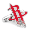 A pair of Houston Rockets basketball cufflinks featuring the red logo on a silver tone metal backing.