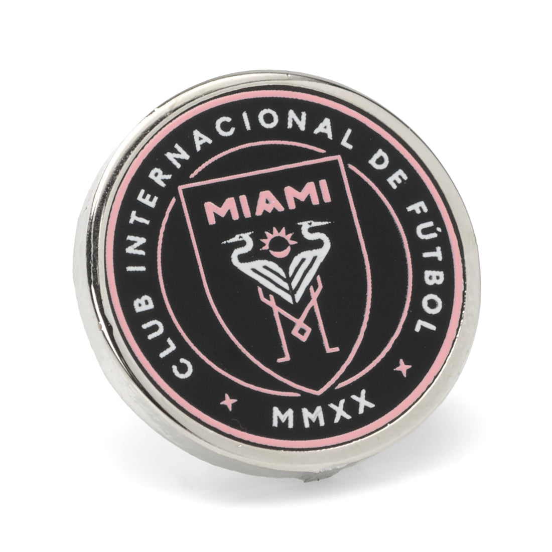 Close up of an official Inter Miami CF soccer team logo lapel pin in silver metal and black and pink enamel.