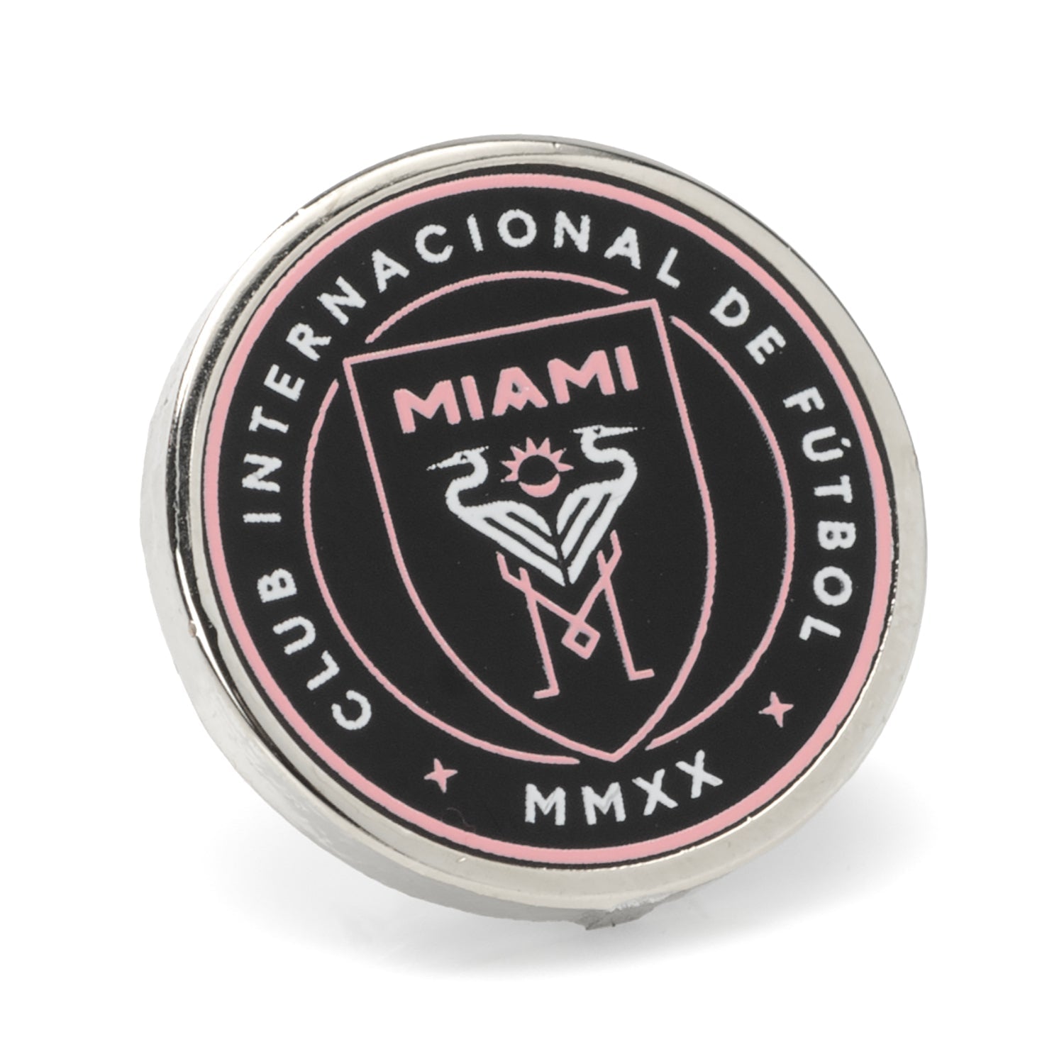 Close up of an official Inter Miami CF soccer team logo lapel pin in silver metal and black and pink enamel.