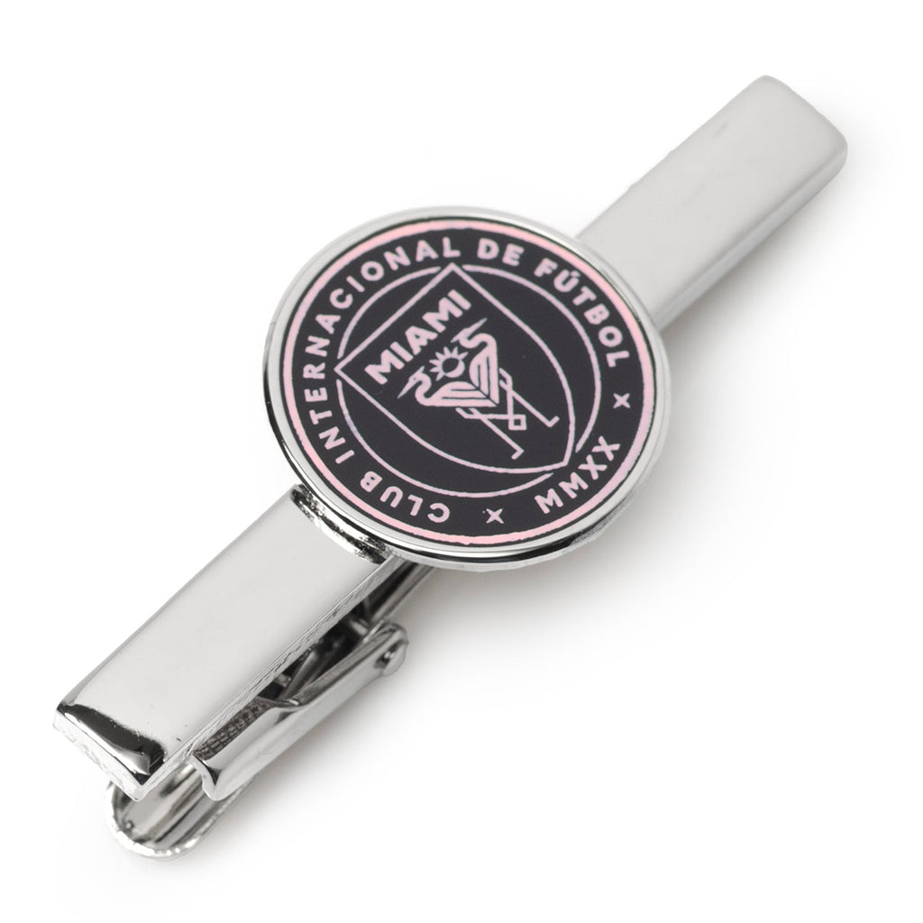 Inter Miami CF tie bar in silver plated metal with pink and black enamel team logo