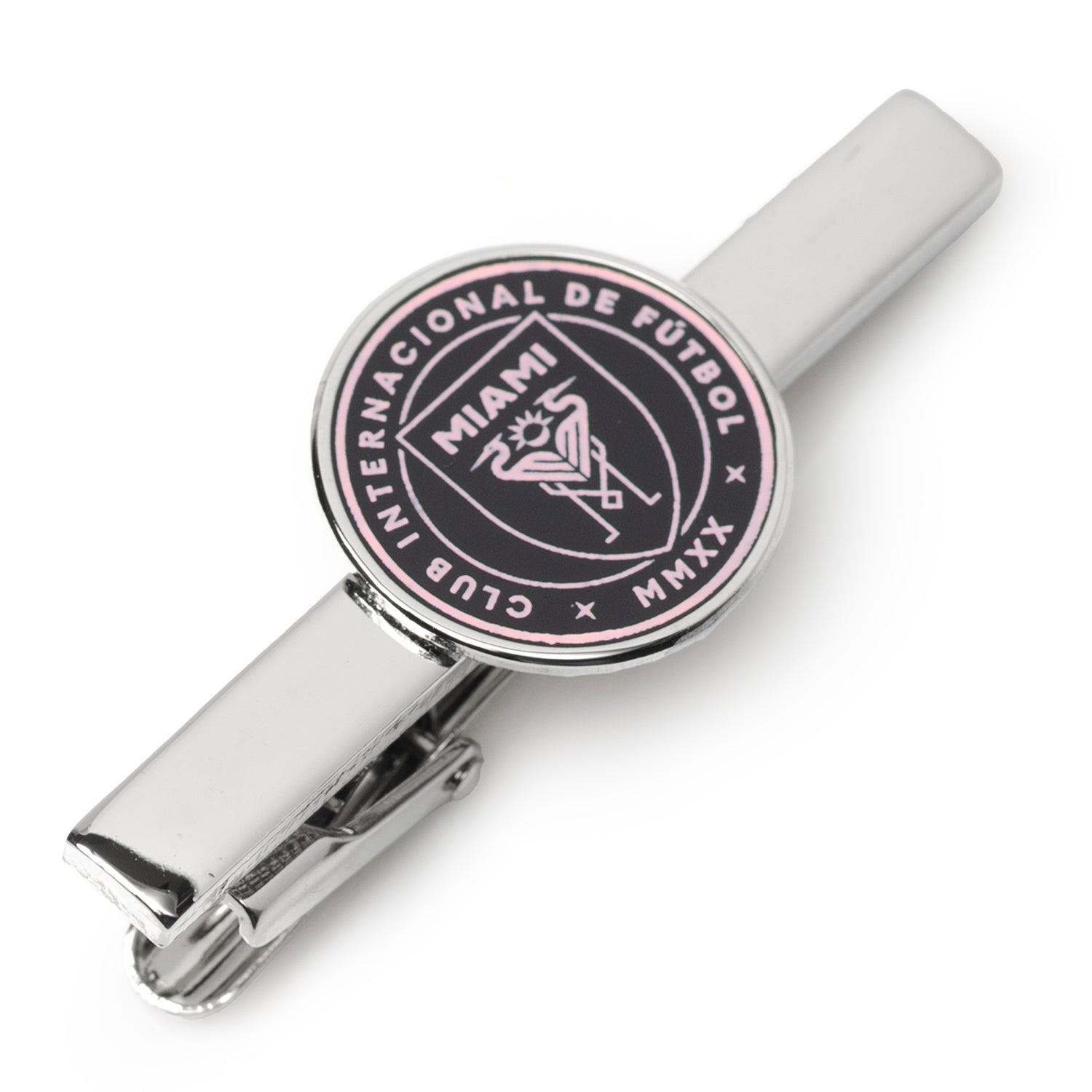 Inter Miami CF tie bar in silver plated metal with pink and black enamel team logo