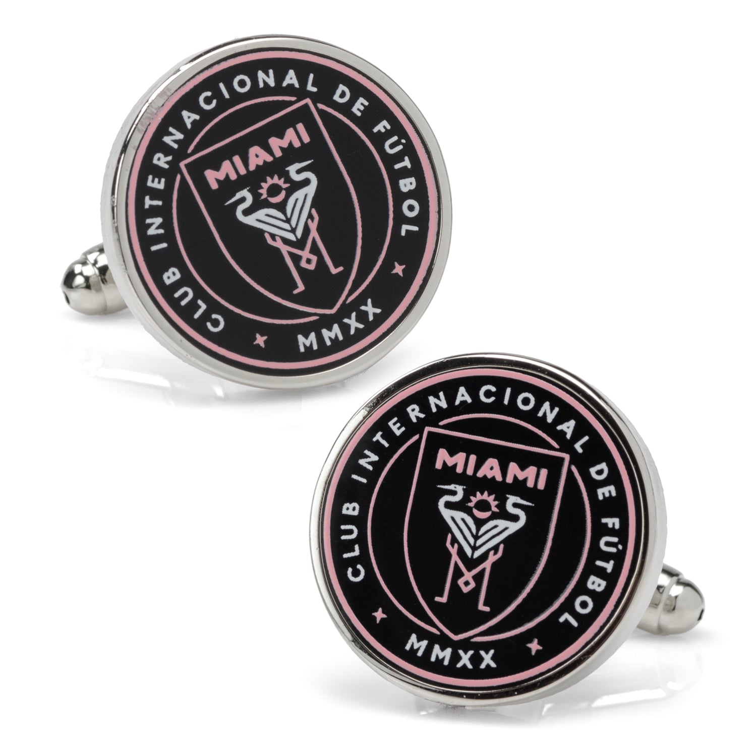 A pair of round Inter Miami CF logo cufflinks featuring a black and pink enamel design on silver plated metal.