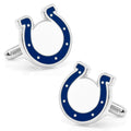 A pair of Indianapolis Colts logo cufflinks in silver tone metal with blue and white enamel detailing.