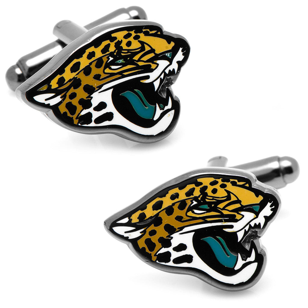 A pair of NFL Jacksonville Jaguars logo cufflinks made of gunmetal with enamel details.