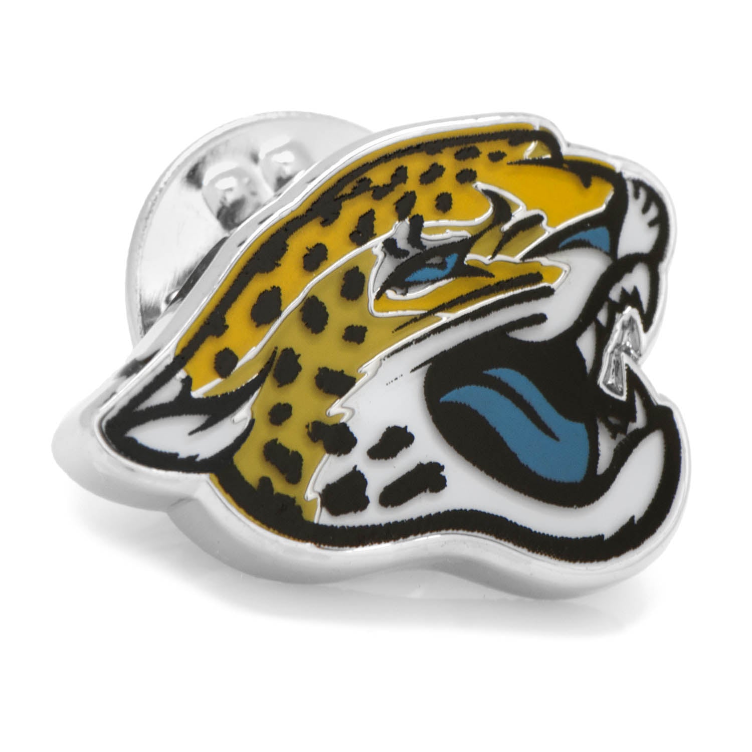 Jacksonville Jaguars NFL logo enamel lapel pin in silver tone metal with clutch-back closure
