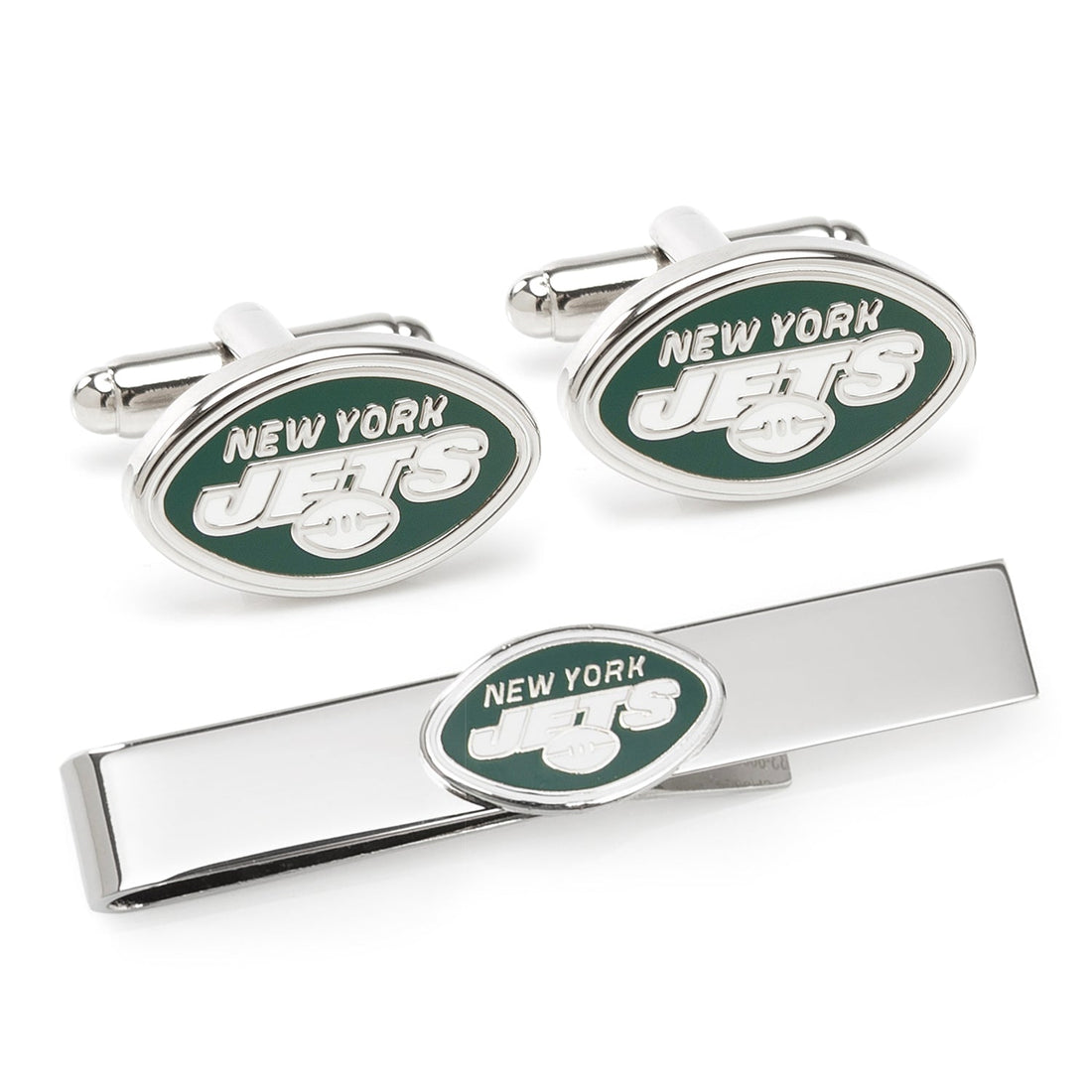 A gift set containing a pair of oval New York Jets logo cufflinks and a matching silver-tone tie bar displayed in a box.