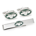 A gift set containing a pair of oval New York Jets logo cufflinks and a matching silver-tone tie bar displayed in a box.