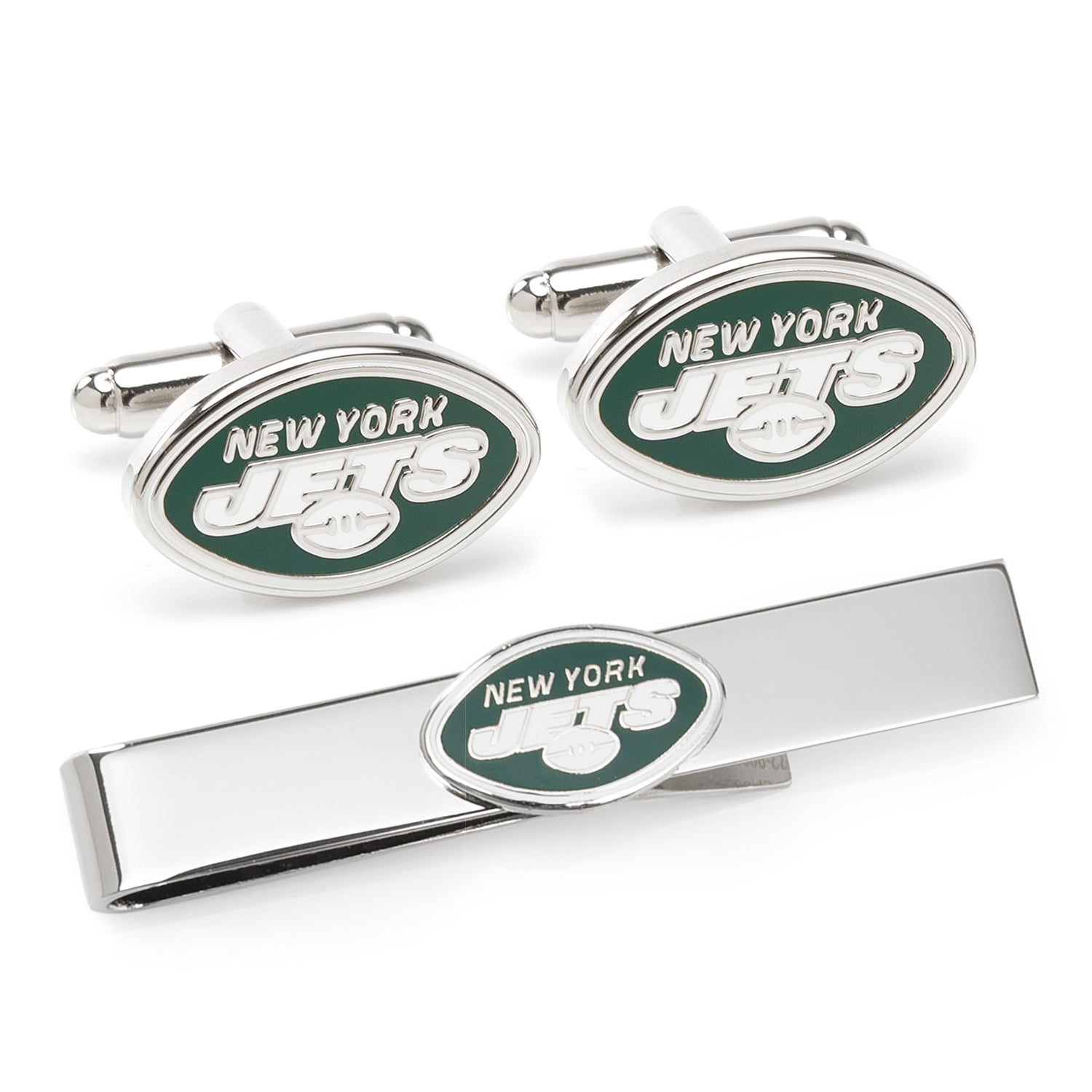 A gift set containing a pair of oval New York Jets logo cufflinks and a matching silver-tone tie bar displayed in a box.