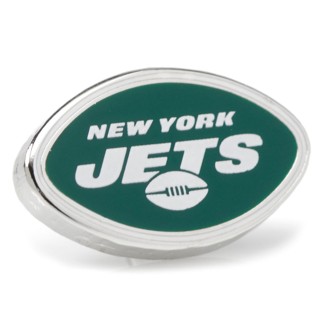 Close up view of the green and silver New York Jets NFL team logo lapel pin
