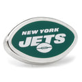 Close up view of the green and silver New York Jets NFL team logo lapel pin