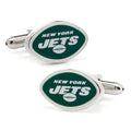 A pair of oval New York Jets cufflinks featuring the official green and white logo on a silver metal setting.