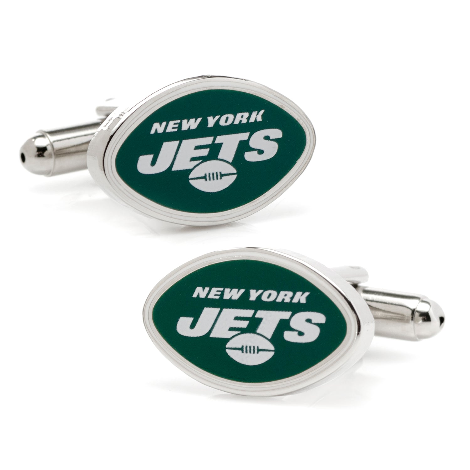 A pair of oval New York Jets cufflinks featuring the official green and white logo on a silver metal setting.