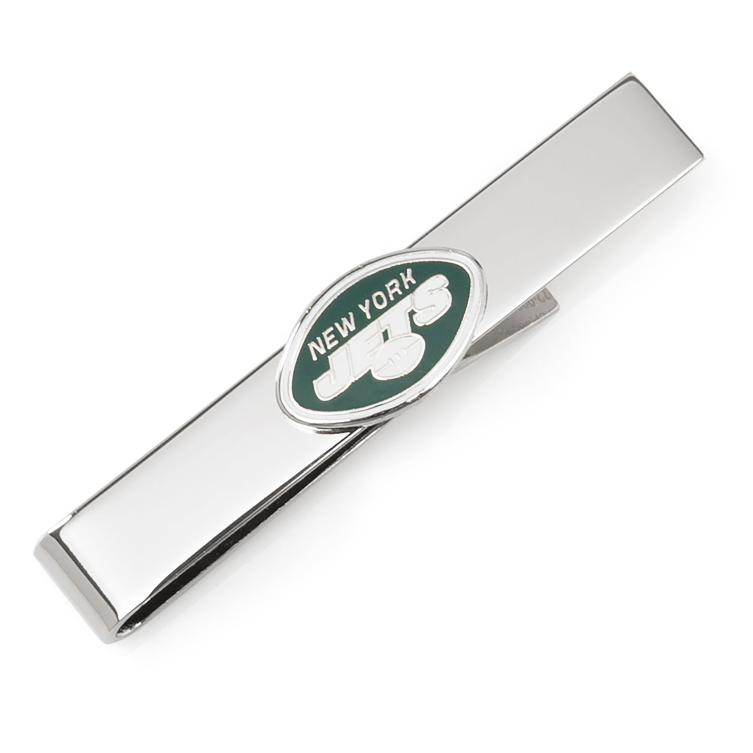 New York Jets silver-plated tie bar featuring team logo, shown clipped to a dark textured necktie.