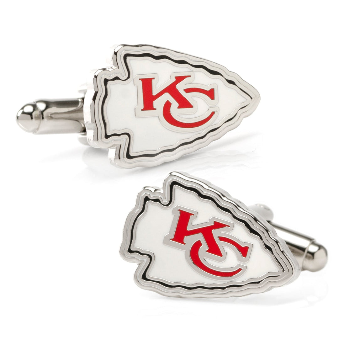 A pair of Kansas City Chiefs logo cufflinks with red enamel on a silver tone metal setting