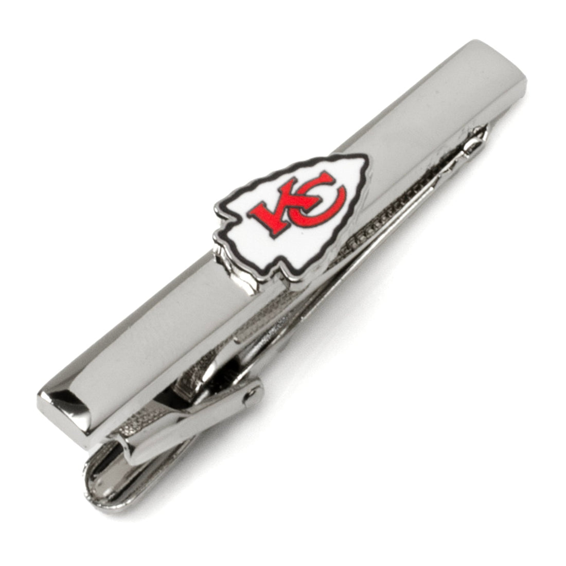 Close up of a silver sliding tie clip featuring the Kansas City Chiefs arrowhead logo.