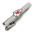 Close up of a silver sliding tie clip featuring the Kansas City Chiefs arrowhead logo.