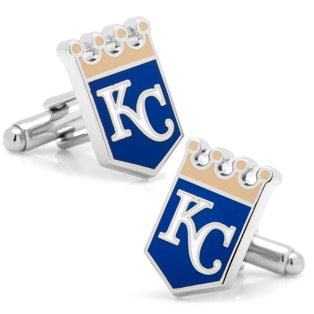 A pair of Kansas City Royals baseball shield-shaped cufflinks in silver tone metal with blue and gold enamel team logos.
