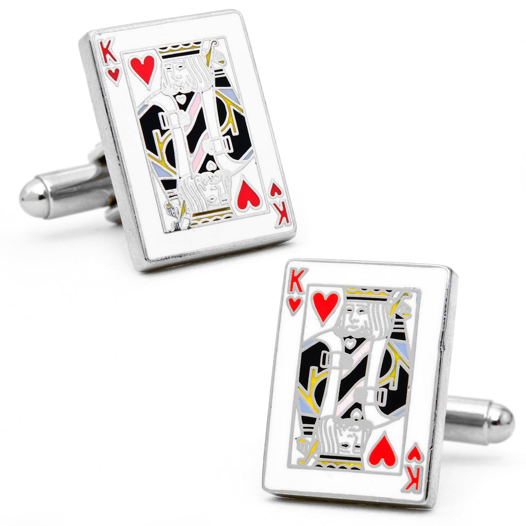 A pair of rectangular King of Hearts playing card cufflinks with enamel detailing on a nickel-plated finish.