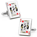 A pair of rectangular King of Hearts playing card cufflinks with enamel detailing on a nickel-plated finish.