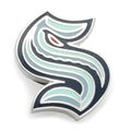 NHL Seattle Kraken team logo lapel pin made from stainless steel with navy blue, light blue, and red enamel detailing.