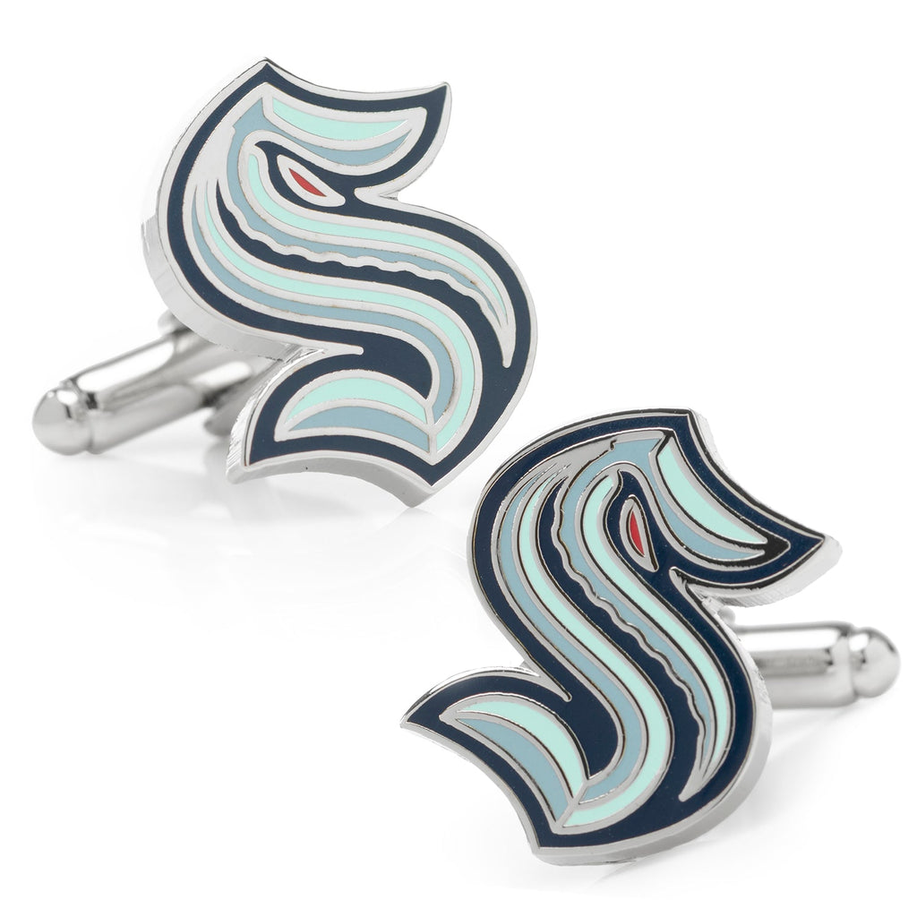 A pair of Seattle Kraken NHL cufflinks featuring a navy blue and ice blue S logo on a silver tone backing.