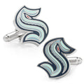 A pair of Seattle Kraken NHL cufflinks featuring a navy blue and ice blue S logo on a silver tone backing.