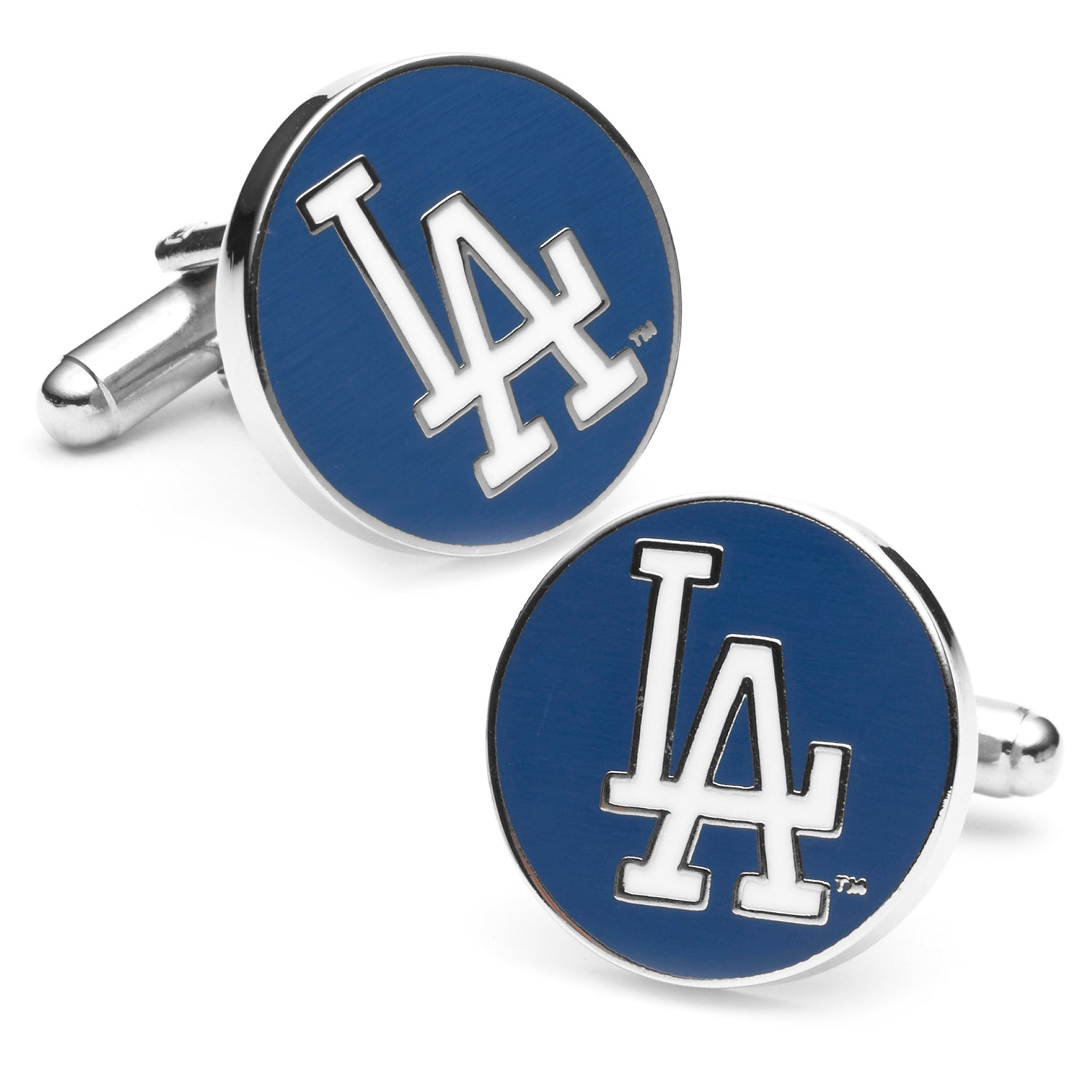 A pair of round Los Angeles Dodgers cufflinks featuring a white LA logo on a navy enamel background with silver-tone plating.