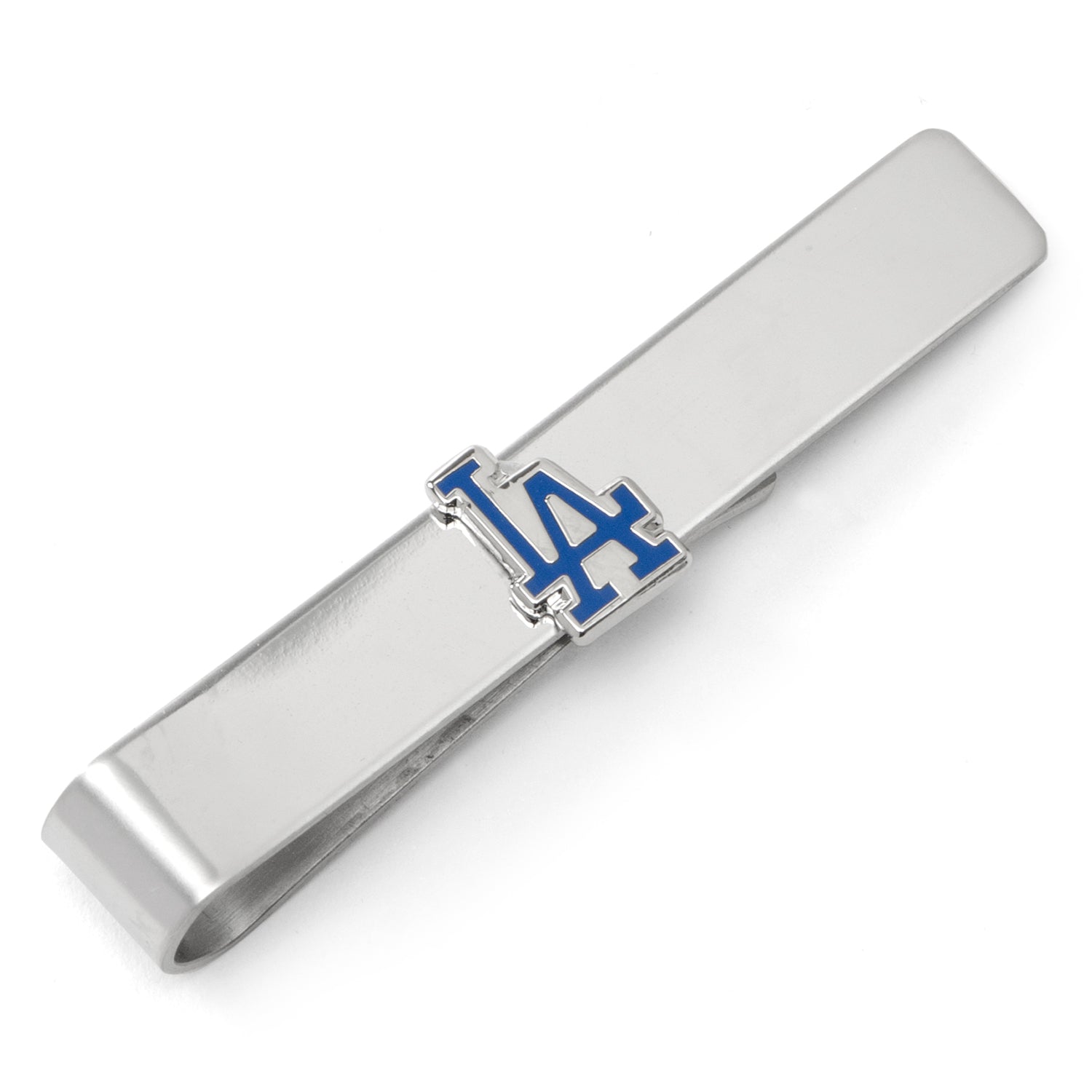Los Angeles Dodgers silver tie bar featuring the team logo on a grey suit tie