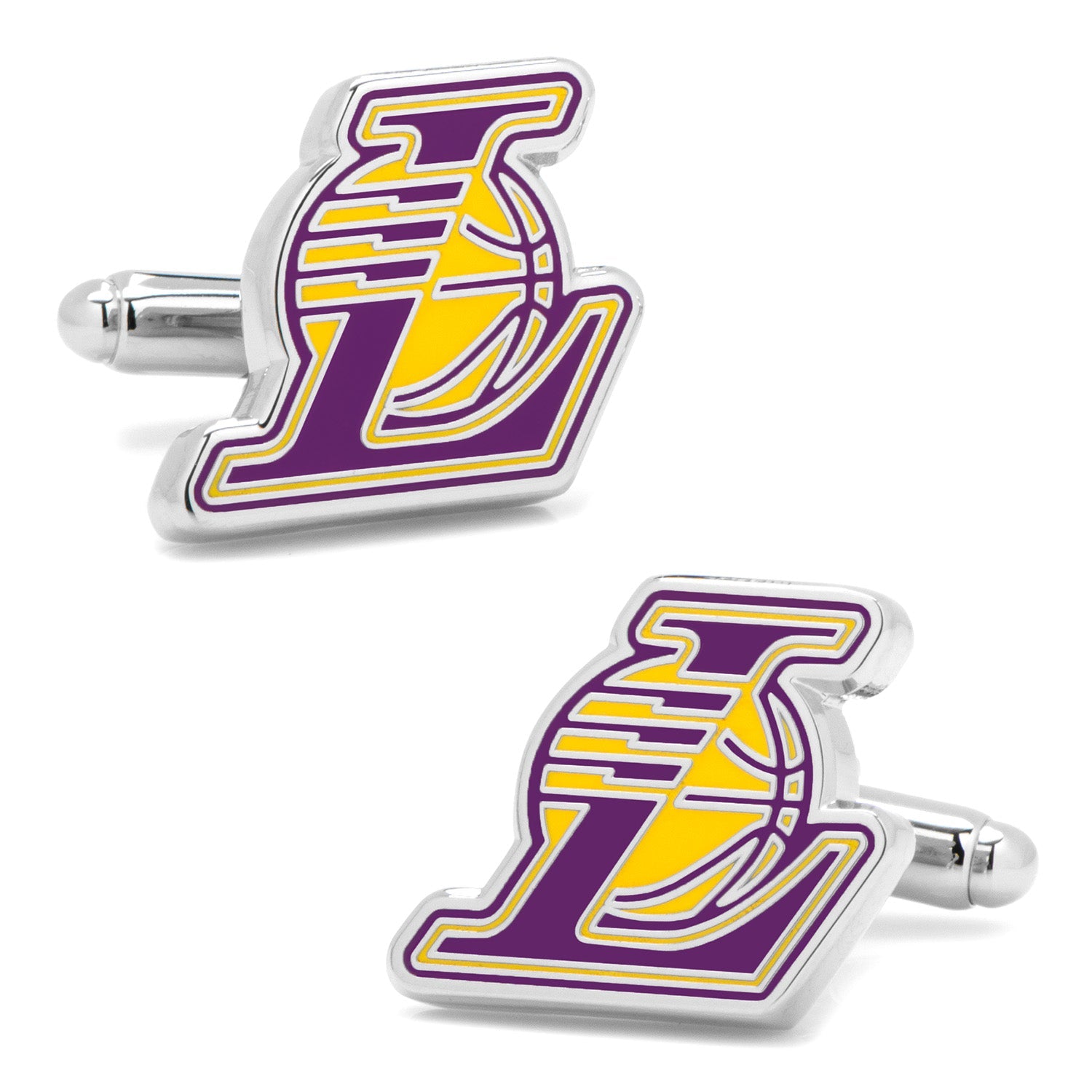 A pair of Los Angeles Lakers logo cufflinks in silver tone with purple and yellow enamel details.