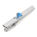 Silver plated tie clip with Detroit Lions logo attached to a black necktie
