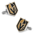 A pair of Las Vegas Golden Knights logo cufflinks in silver tone with black and gold enamel details.