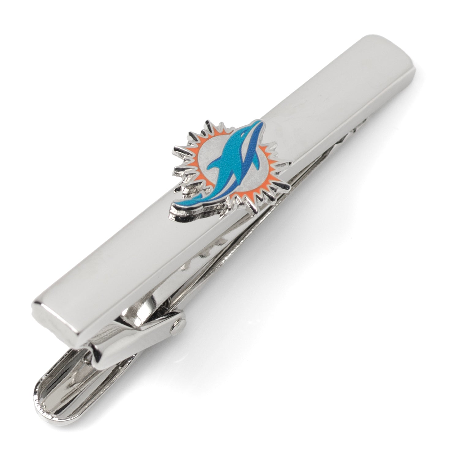 A shiny silver plated Miami Dolphins team logo tie clip
