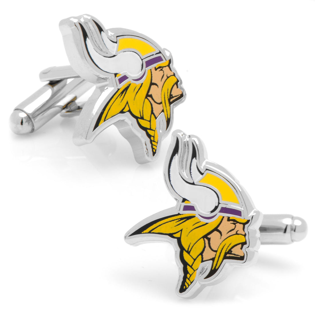 Minnesota Vikings NFL logo cufflinks in silver tone metal with yellow and purple enamel details.