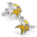 Minnesota Vikings NFL logo cufflinks in silver tone metal with yellow and purple enamel details.