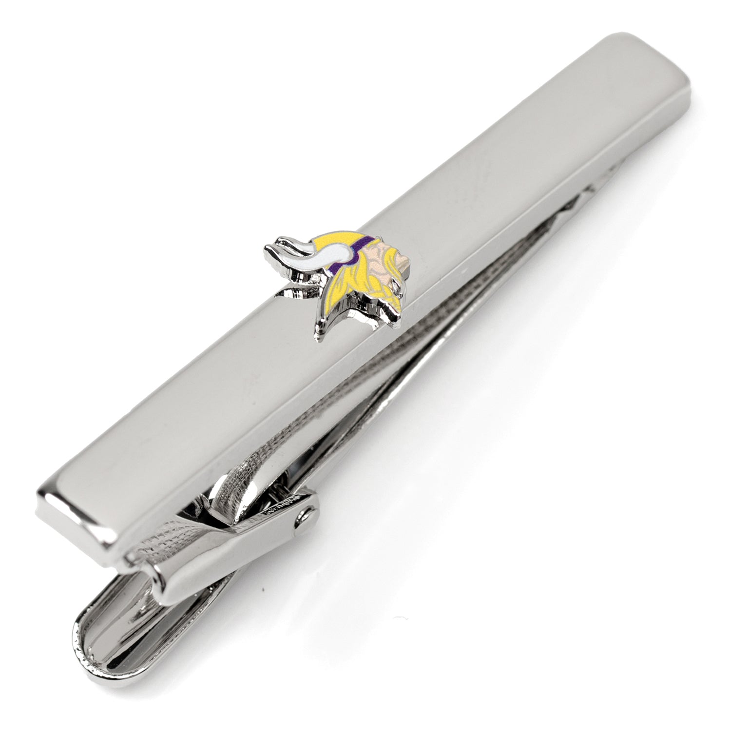 Silver plated tie clip featuring the Minnesota Vikings team logo centered on a classic tie clip bar