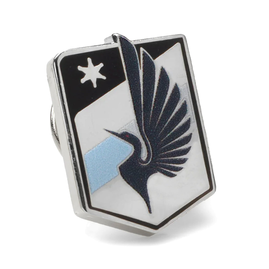 Minnesota United FC official team logo lapel pin in silver plated metal and enamel details pinned to a gray blazer lapel